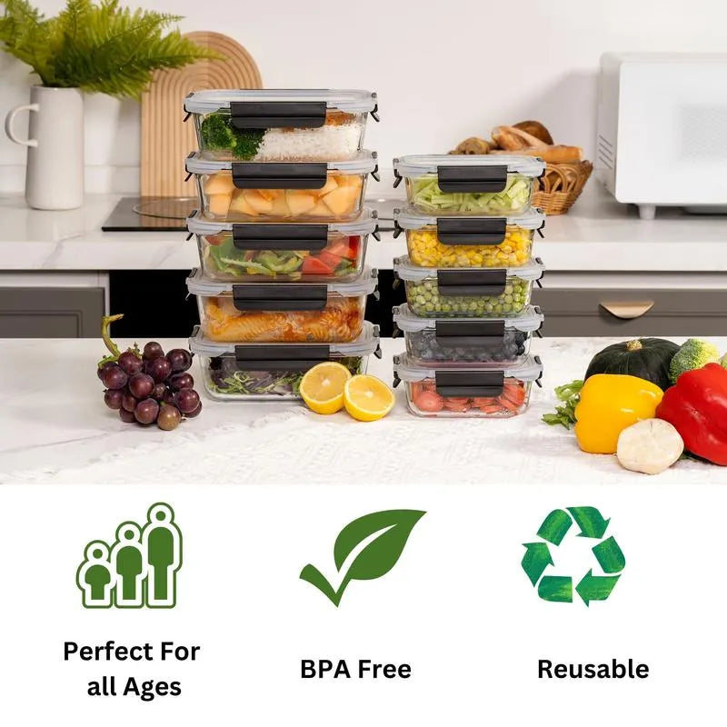 Glass Food Storage Containers Set | BPA-Free & Leak-Proof | Meal Prep, Microwave, Oven, Freezer, Dishwasher Use | Reusable, Stackable, Portable